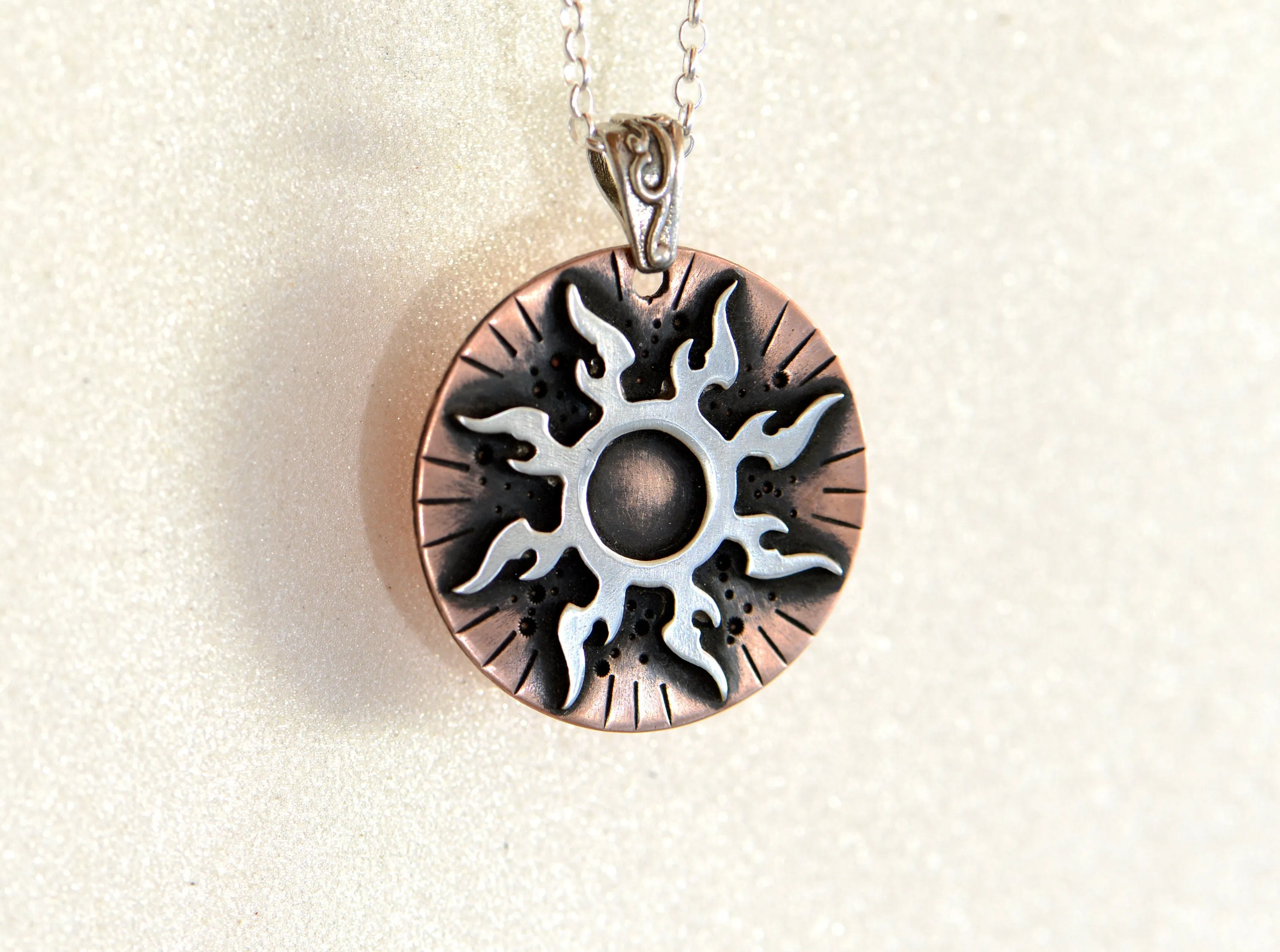 Flaming Sterling Silver Sun on Copper Medallion Necklace