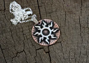 Flaming Sterling Silver Sun on Copper Medallion Necklace