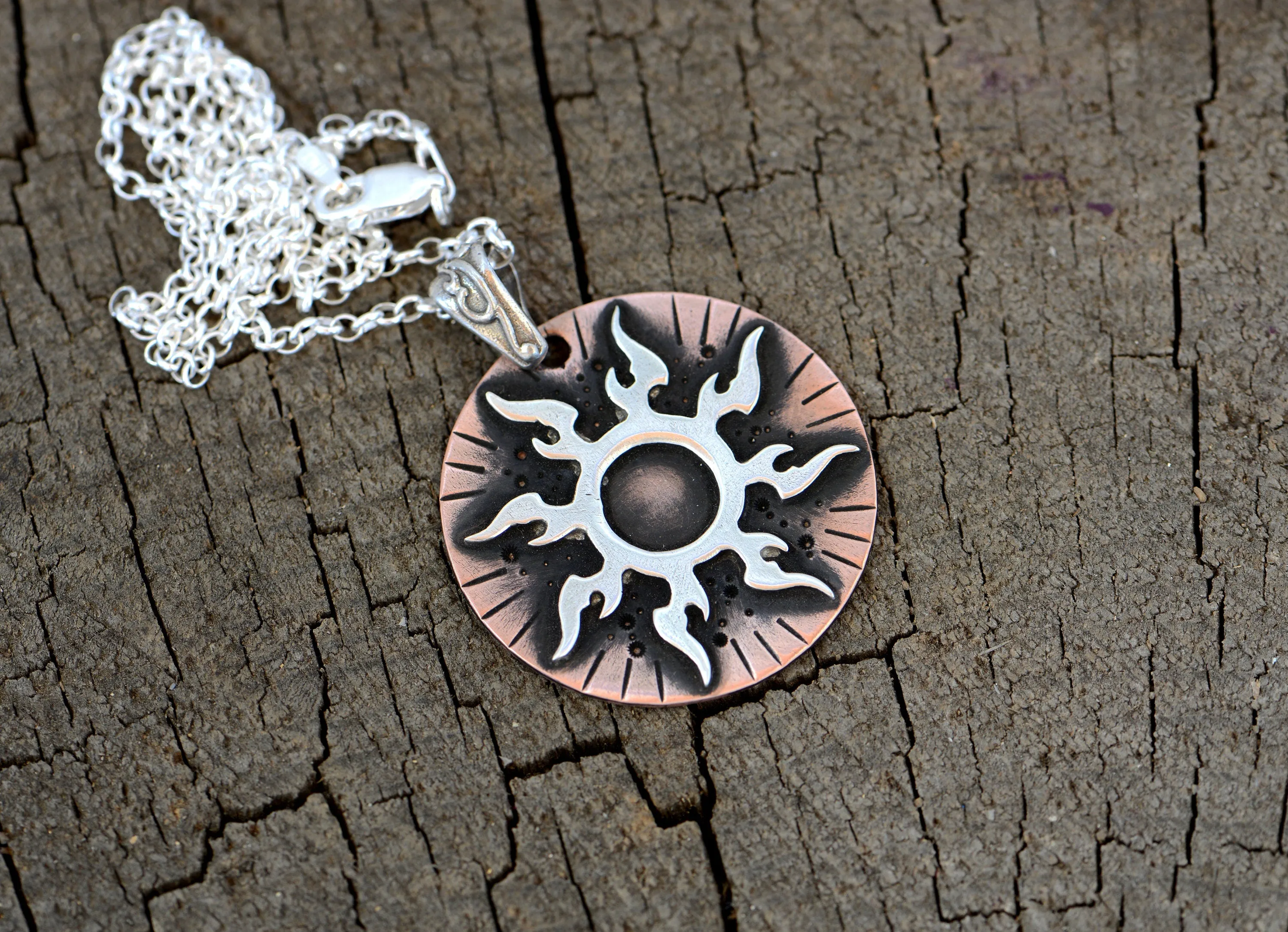 Flaming Sterling Silver Sun on Copper Medallion Necklace