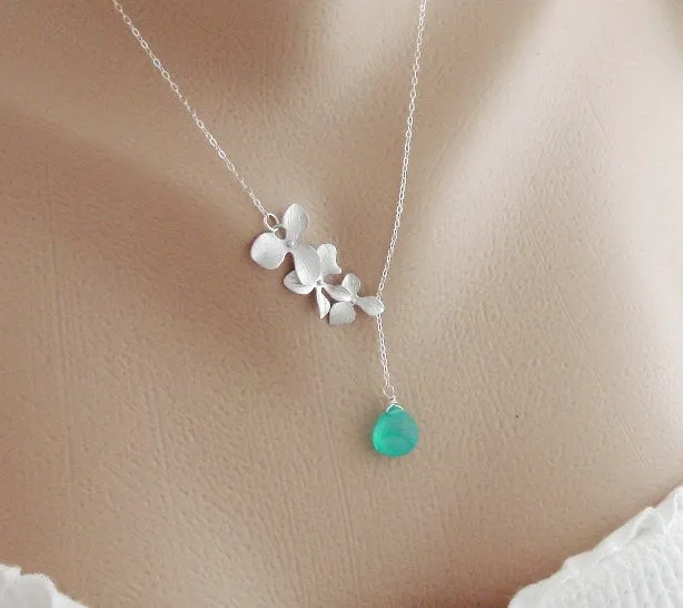 Floral Trio Orchid Pendant Lariat Necklace with Birthstone