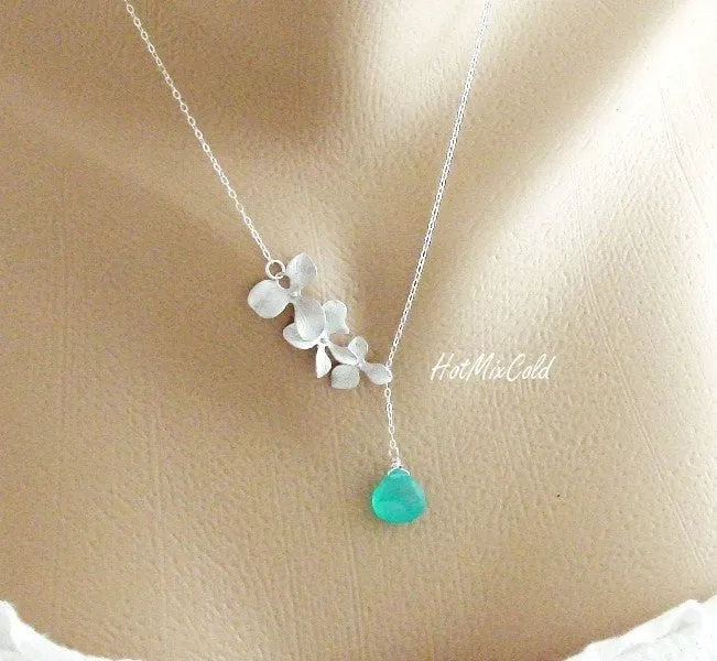 Floral Trio Orchid Pendant Lariat Necklace with Birthstone