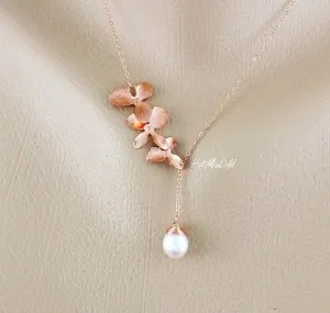 Floral Trio Orchid Pendant Lariat Necklace with Birthstone
