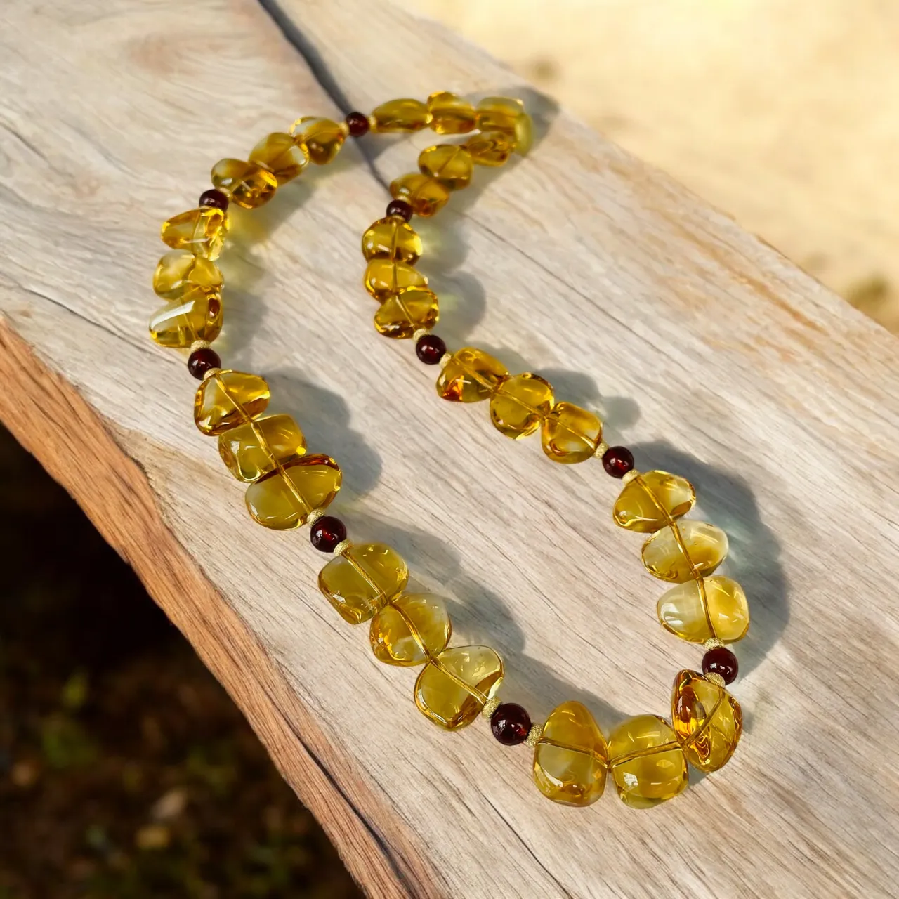 Freeform Citrine and Round Garnet Bead Necklace with Yellow Gold Accents