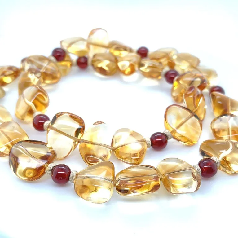 Freeform Citrine and Round Garnet Bead Necklace with Yellow Gold Accents