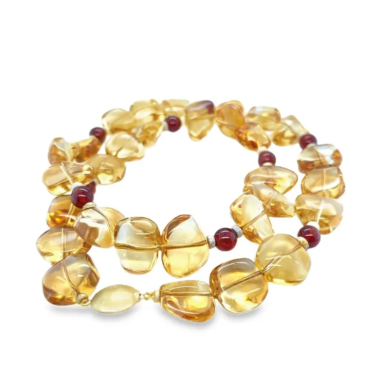 Freeform Citrine and Round Garnet Bead Necklace with Yellow Gold Accents
