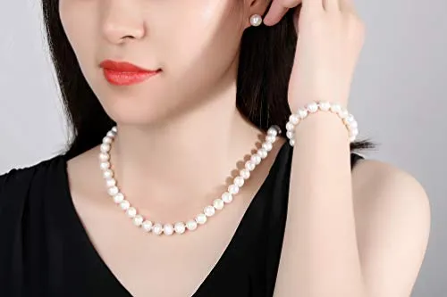 Freshwater Cultured Pearl Necklace Set Bracelet and Stud Earrings Jewelry Set in 18" Princess Length for Women Gift