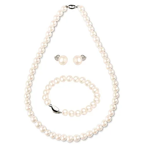 Freshwater Cultured Pearl Necklace Set Bracelet and Stud Earrings Jewelry Set in 18" Princess Length for Women Gift