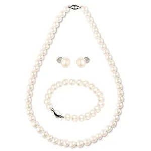 Freshwater Cultured Pearl Necklace Set Bracelet and Stud Earrings Jewelry Set in 18" Princess Length for Women Gift