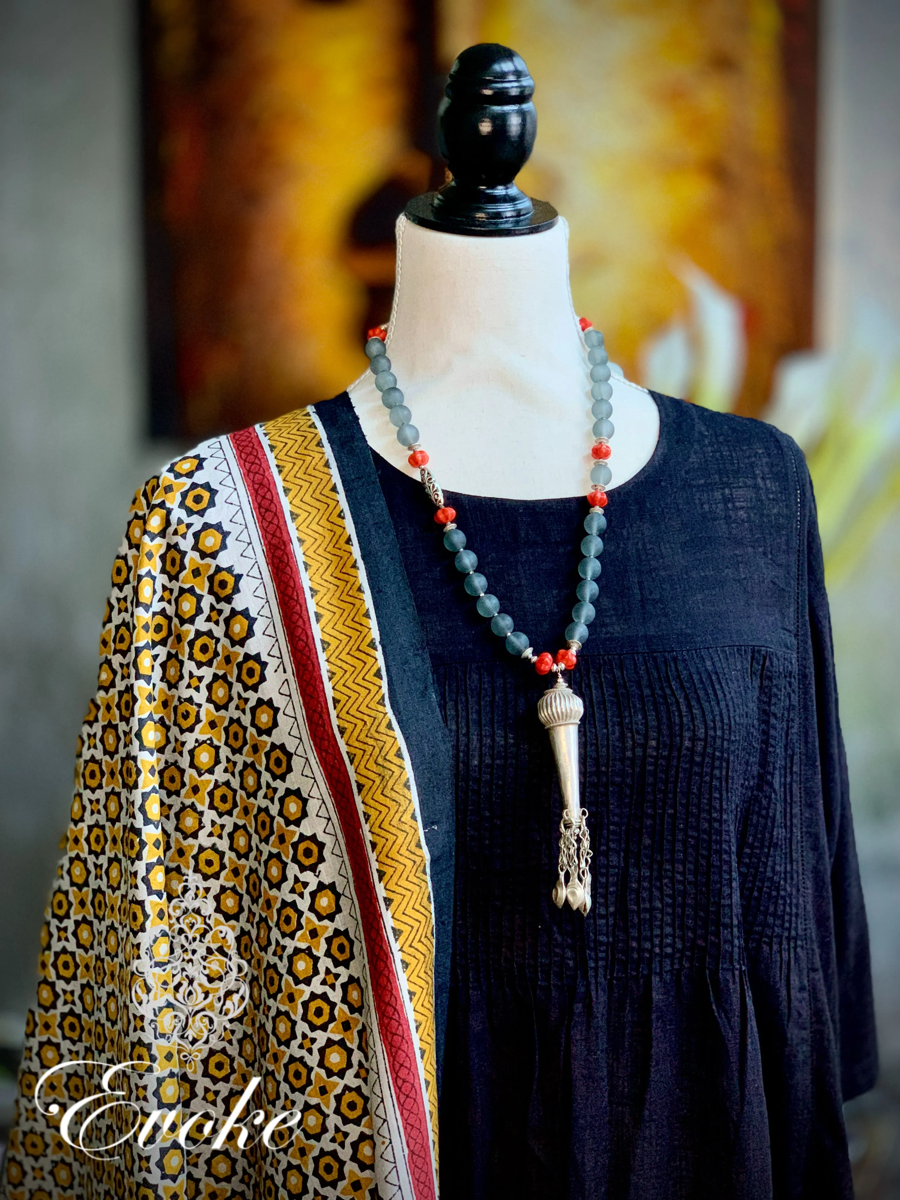Frosted Gray Necklace with Afghani Silver Pendant