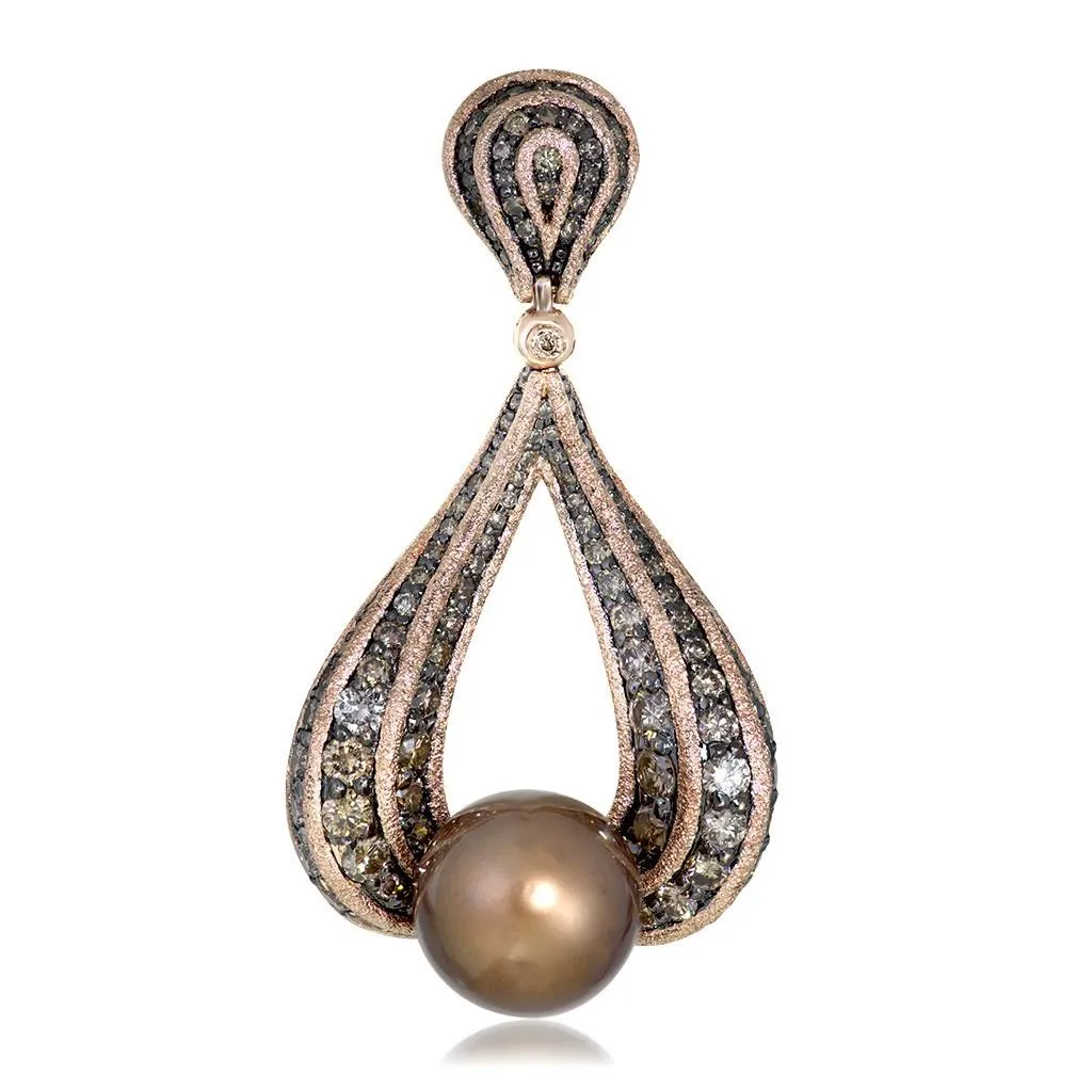 Gold Twist Pendant With Chocolate Pearl & Diamonds