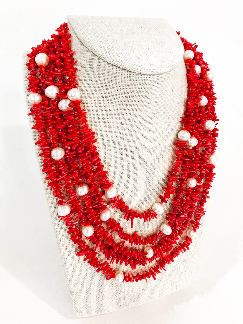 Gorgeous Five Strand Bright Coral Bead Cultured Pearl Silver Closure Necklace