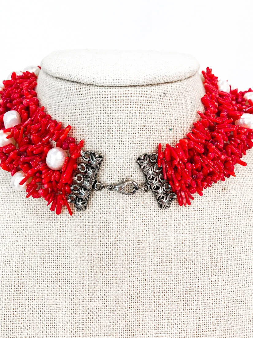 Gorgeous Five Strand Bright Coral Bead Cultured Pearl Silver Closure Necklace