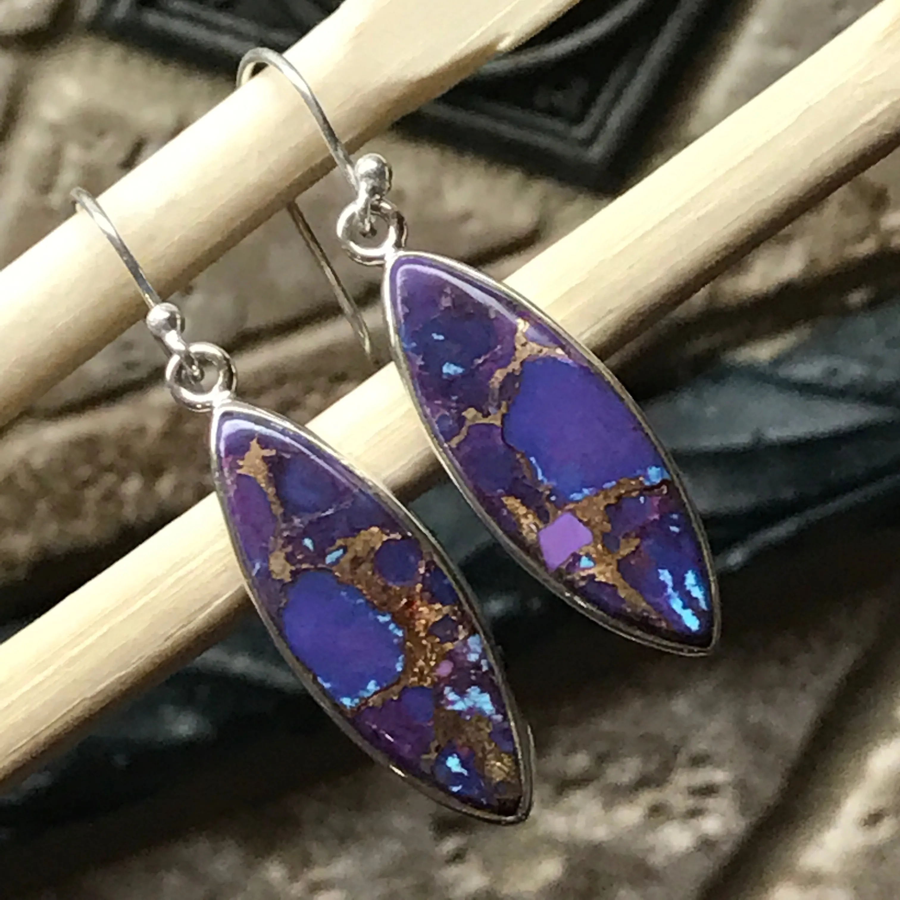 Gorgeous Purple Copper Turquoise 925 Solid Sterling Silver Earrings 35mm