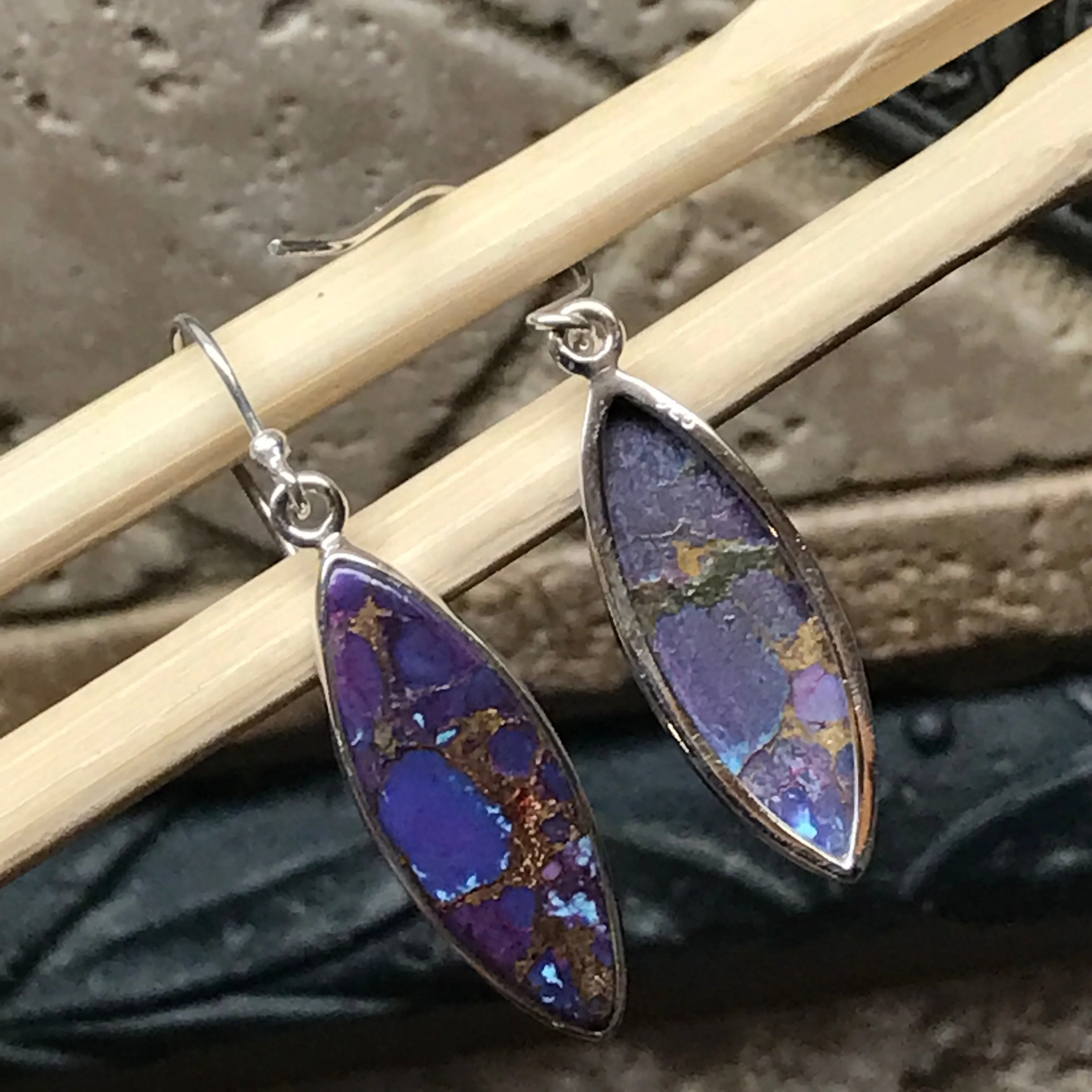 Gorgeous Purple Copper Turquoise 925 Solid Sterling Silver Earrings 35mm
