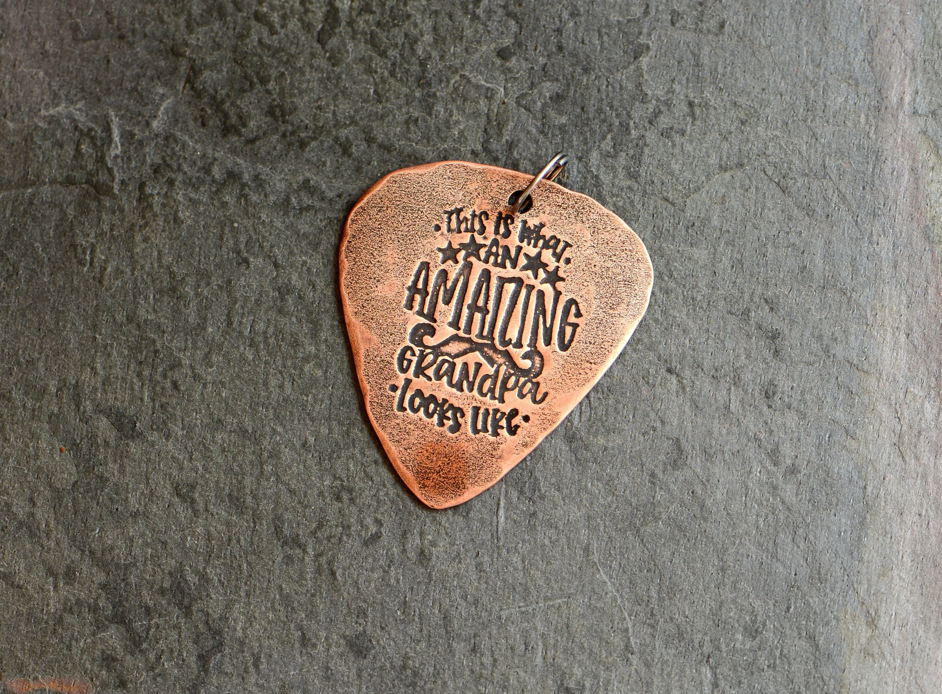 Grandpa guitar pick necklace in copper