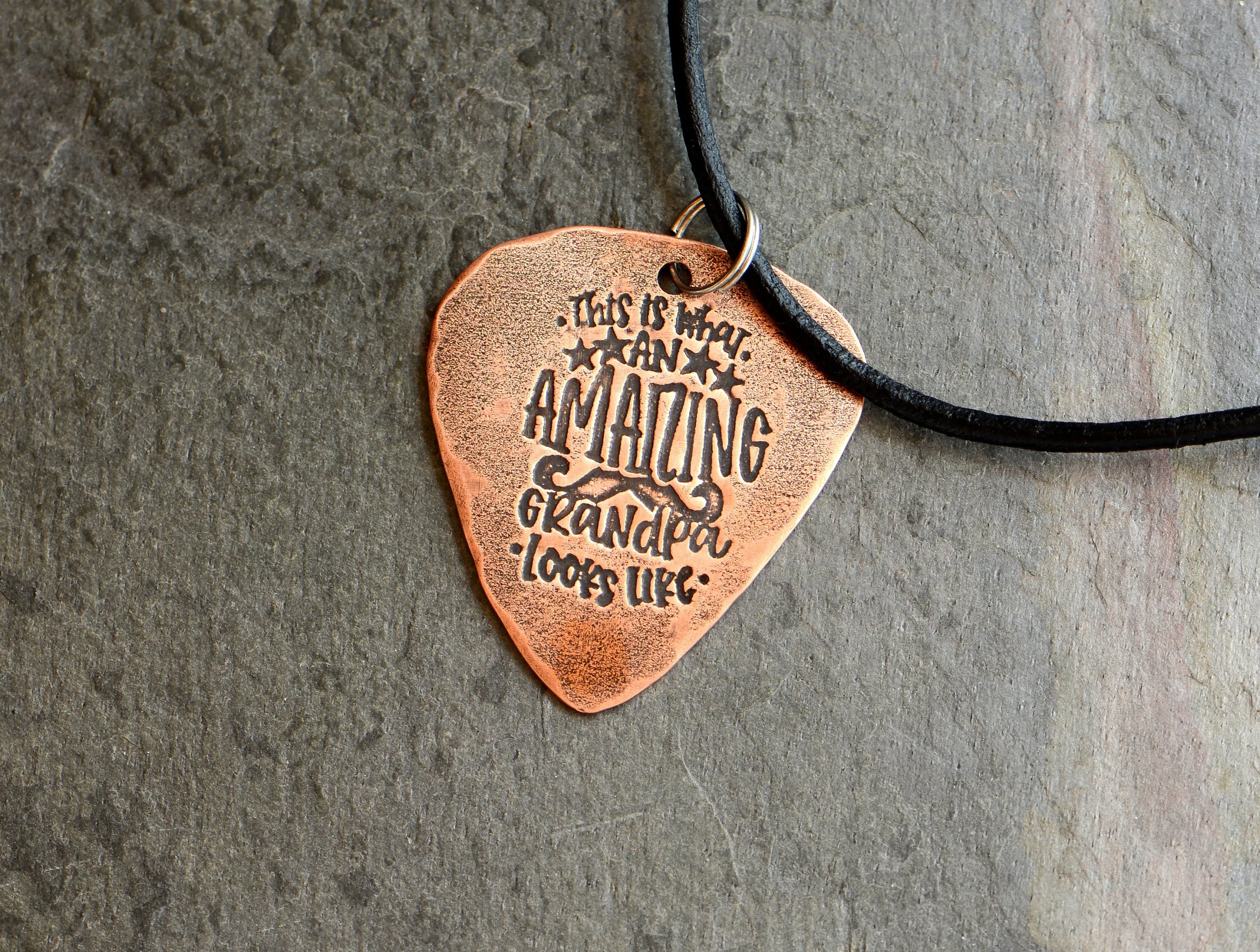 Grandpa guitar pick necklace in copper