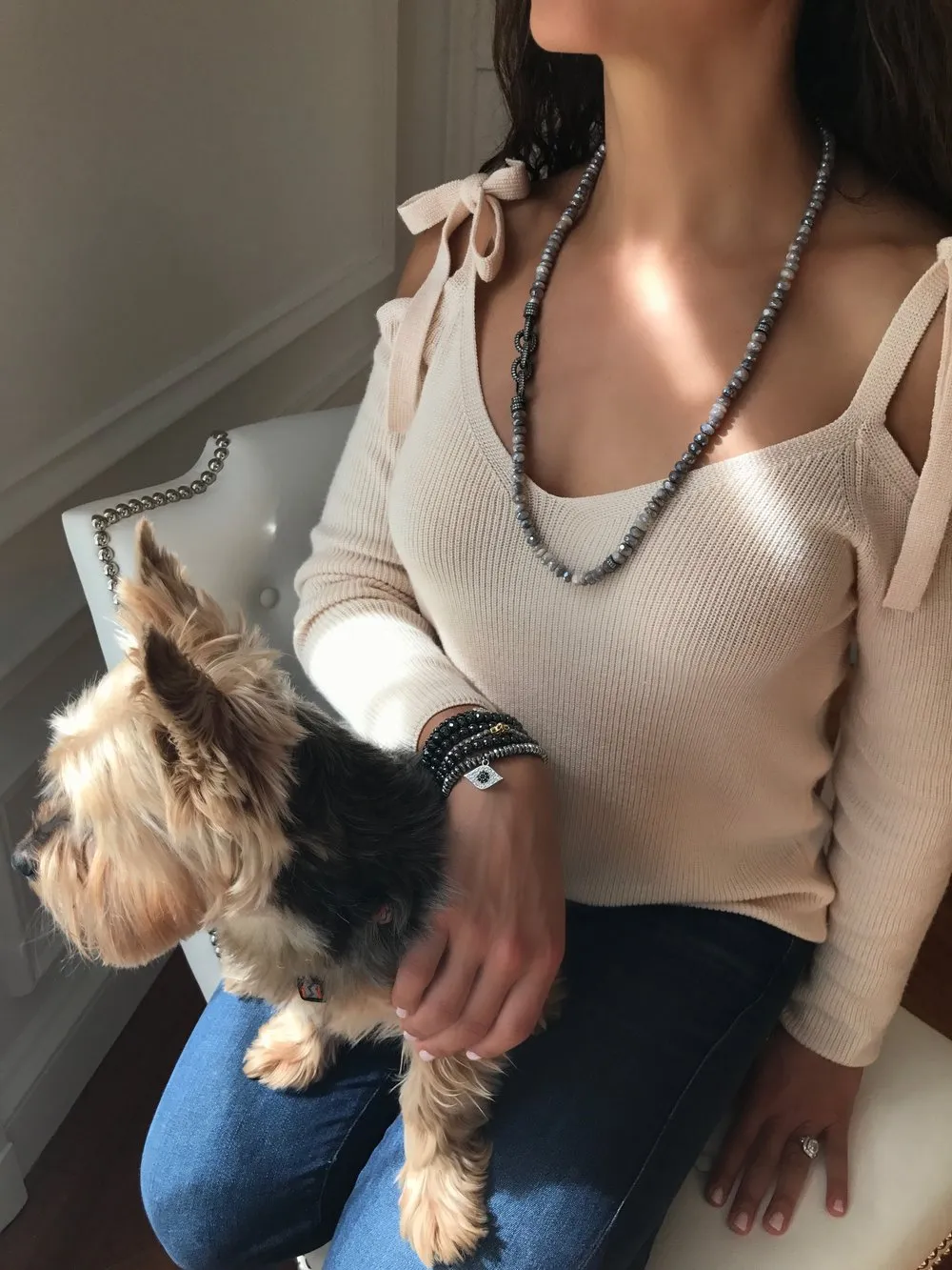 Grey Moonstone Necklace with Pave Chain Links