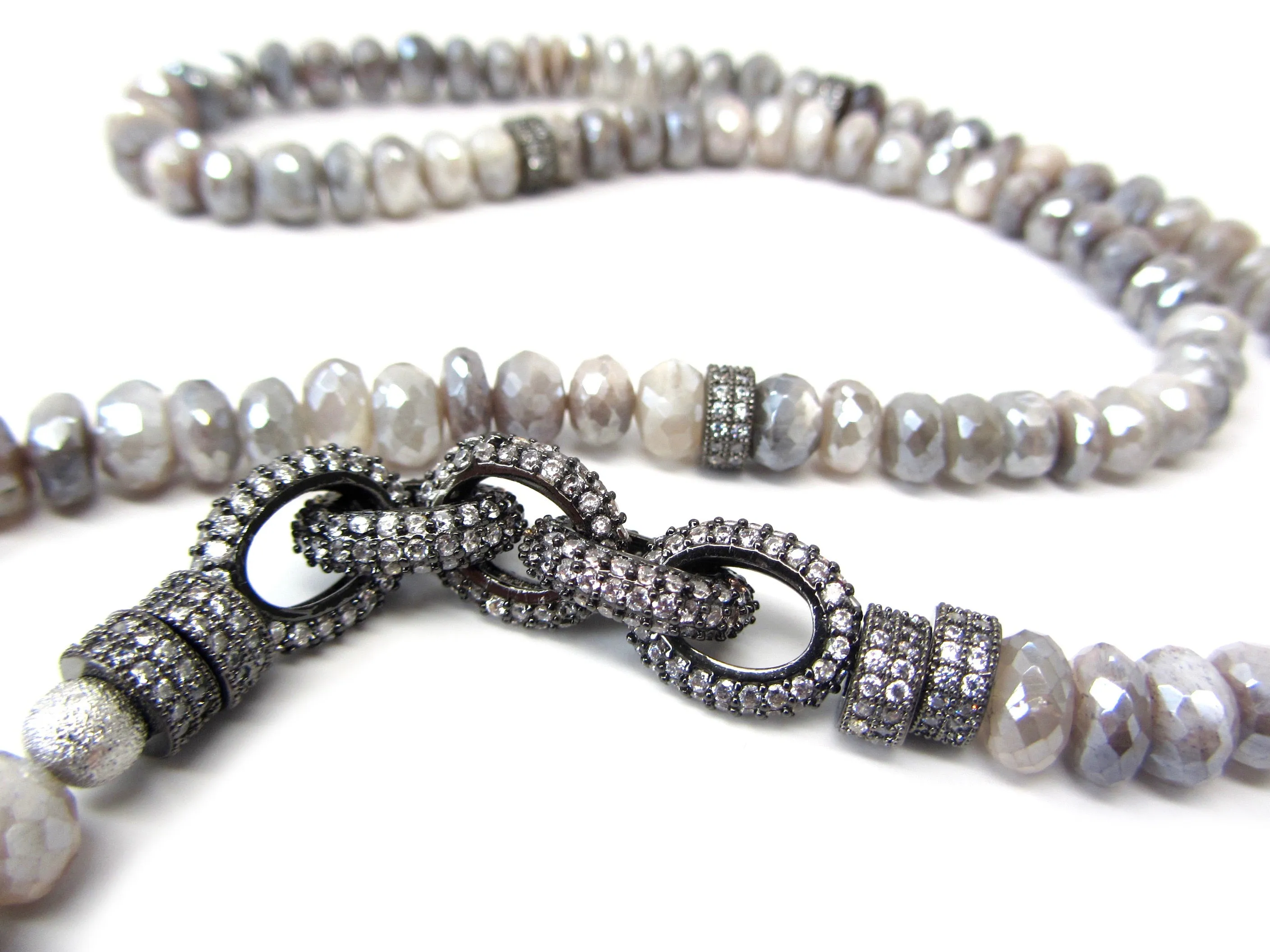 Grey Moonstone Necklace with Pave Chain Links