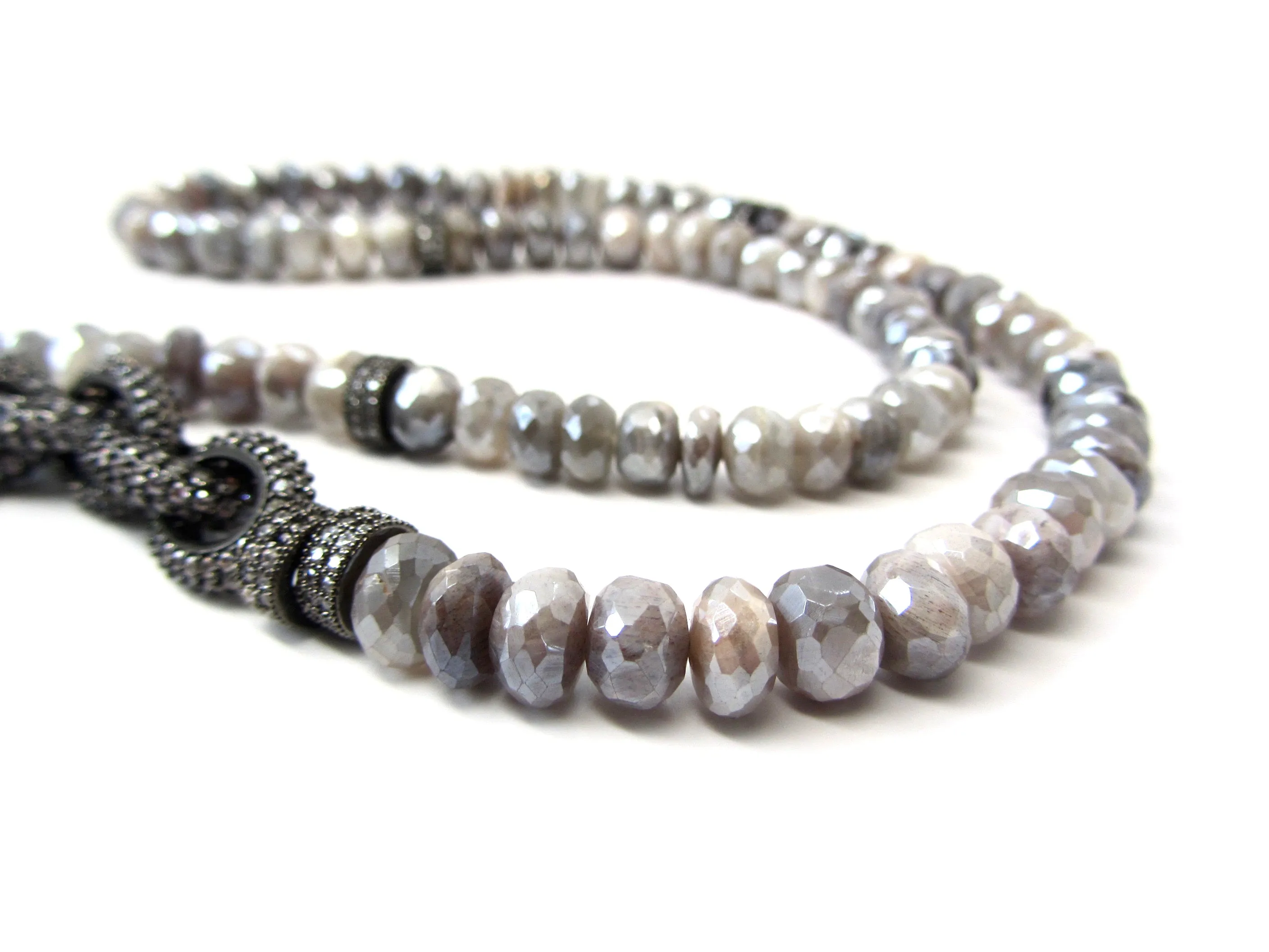 Grey Moonstone Necklace with Pave Chain Links