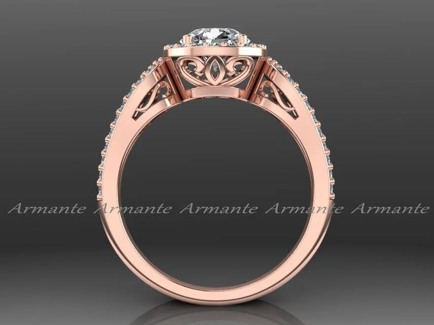 Halo Filigree Moissanite & Diamond Bridal Ring 14K Rose Gold