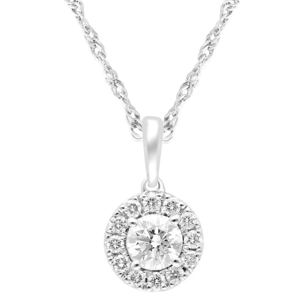 Halo Solitaire Pendant Necklace with 1/4ct of Laboratory Grown Diamonds in Sterling Silver and Platinum