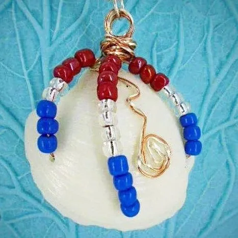 Handcrafted Patriotic Lucina Seashell Necklace - Copper & Silver Wire Wrapped with Glass Beads