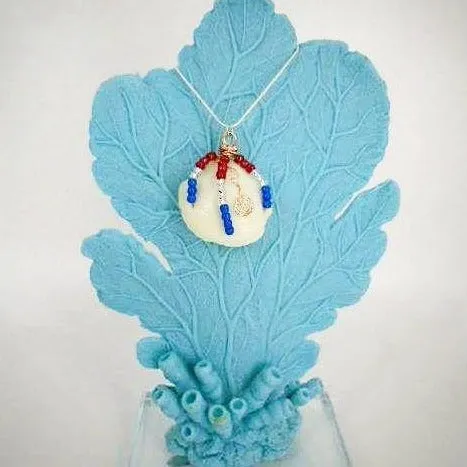 Handcrafted Patriotic Lucina Seashell Necklace - Copper & Silver Wire Wrapped with Glass Beads