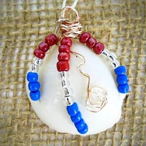 Handcrafted Patriotic Lucina Seashell Necklace - Copper & Silver Wire Wrapped with Glass Beads