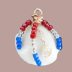 Handcrafted Patriotic Lucina Seashell Necklace - Copper & Silver Wire Wrapped with Glass Beads
