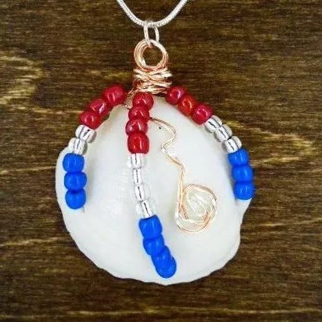 Handcrafted Patriotic Lucina Seashell Necklace - Copper & Silver Wire Wrapped with Glass Beads