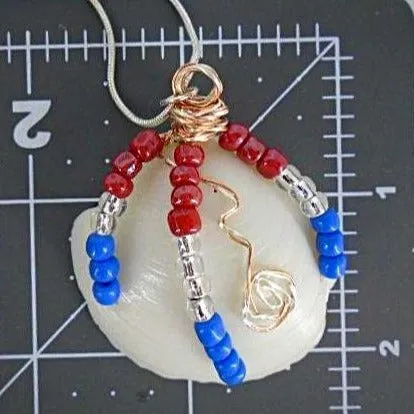 Handcrafted Patriotic Lucina Seashell Necklace - Copper & Silver Wire Wrapped with Glass Beads