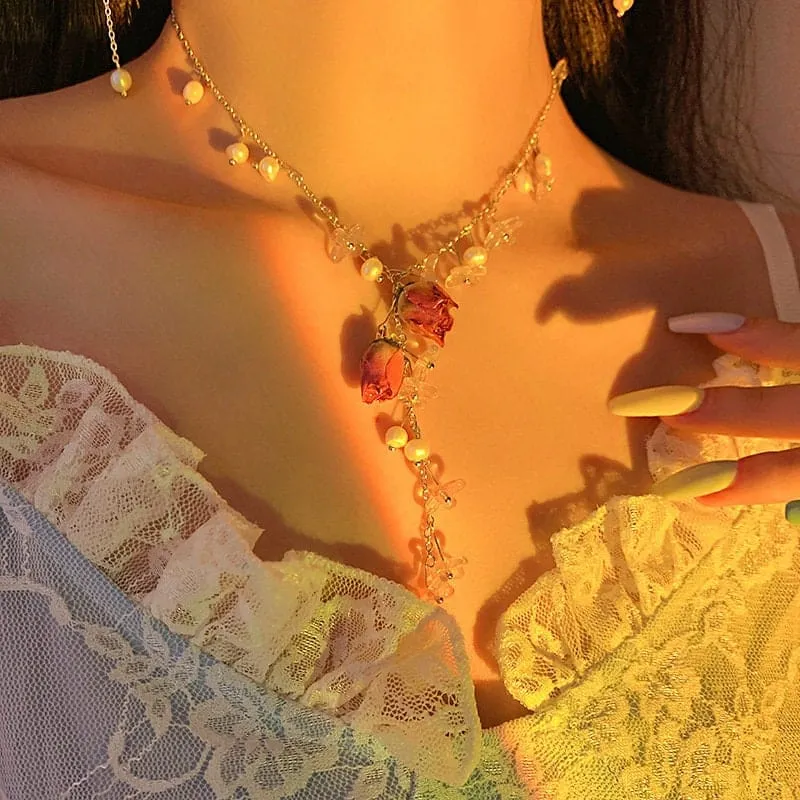 Handmade Real Dried Rosebud Crystal Floral Pearl Tassel Necklace Dangle Earrings Bracelet Set