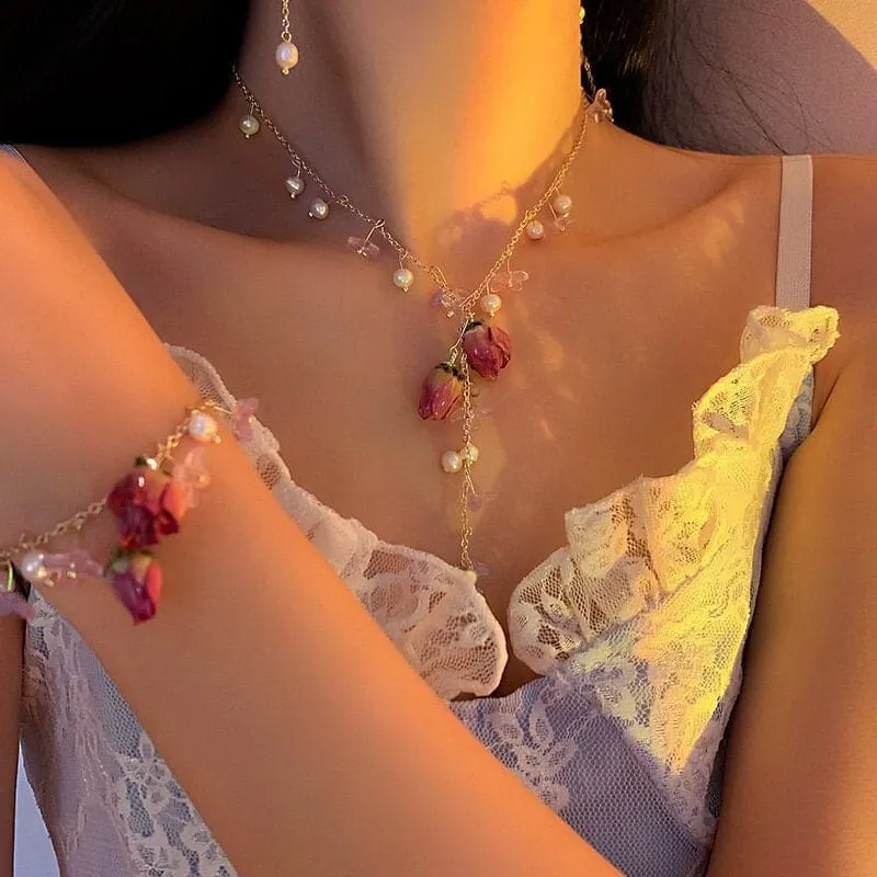Handmade Real Dried Rosebud Crystal Floral Pearl Tassel Necklace Dangle Earrings Bracelet Set