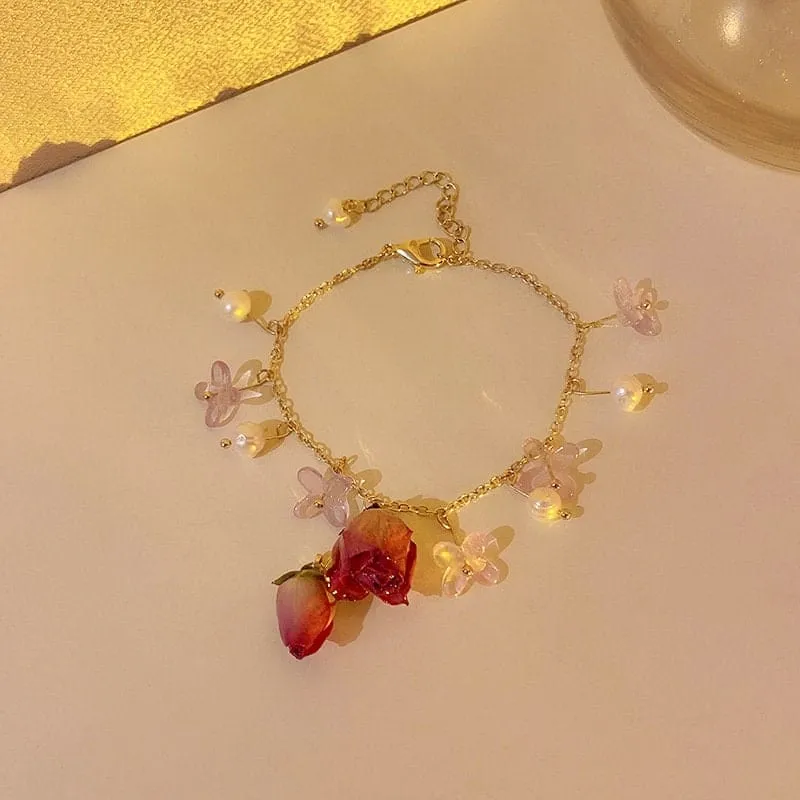 Handmade Real Dried Rosebud Crystal Floral Pearl Tassel Necklace Dangle Earrings Bracelet Set