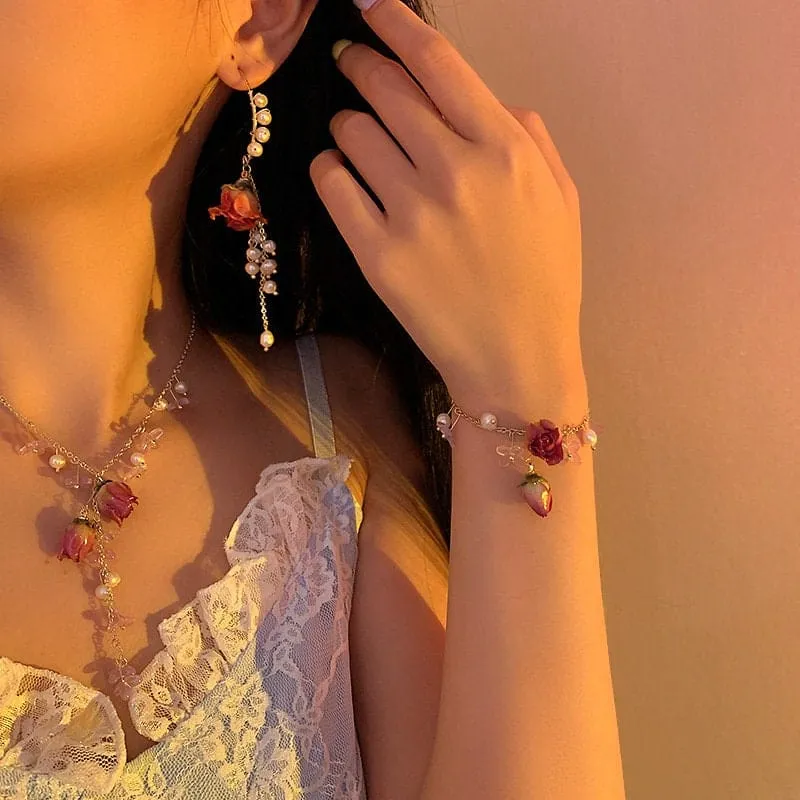 Handmade Real Dried Rosebud Crystal Floral Pearl Tassel Necklace Dangle Earrings Bracelet Set
