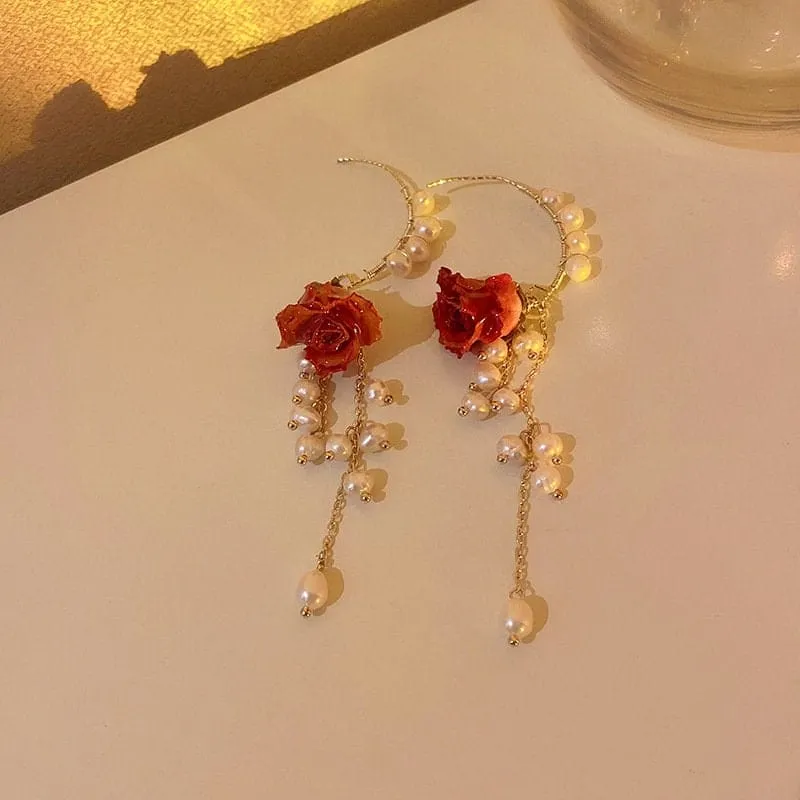 Handmade Real Dried Rosebud Crystal Floral Pearl Tassel Necklace Dangle Earrings Bracelet Set