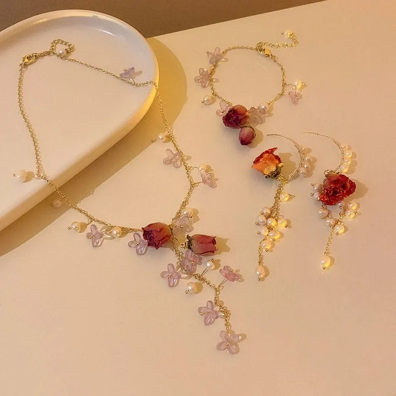 Handmade Real Dried Rosebud Crystal Floral Pearl Tassel Necklace Dangle Earrings Bracelet Set