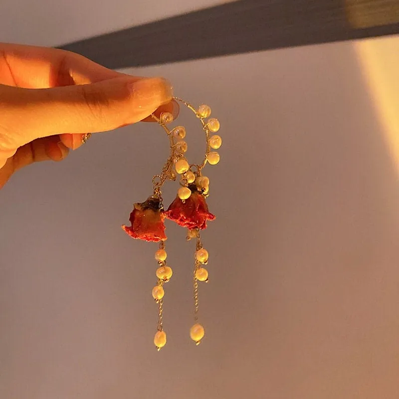 Handmade Real Dried Rosebud Crystal Floral Pearl Tassel Necklace Dangle Earrings Bracelet Set