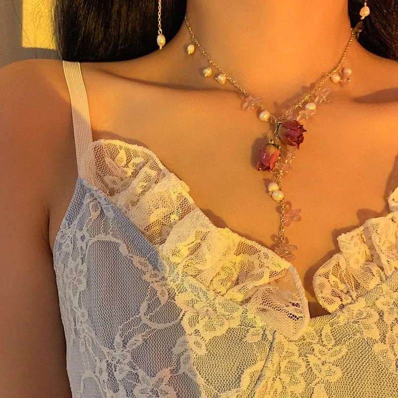 Handmade Real Dried Rosebud Crystal Floral Pearl Tassel Necklace Dangle Earrings Bracelet Set