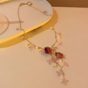 Handmade Real Dried Rosebud Crystal Floral Pearl Tassel Necklace Dangle Earrings Bracelet Set