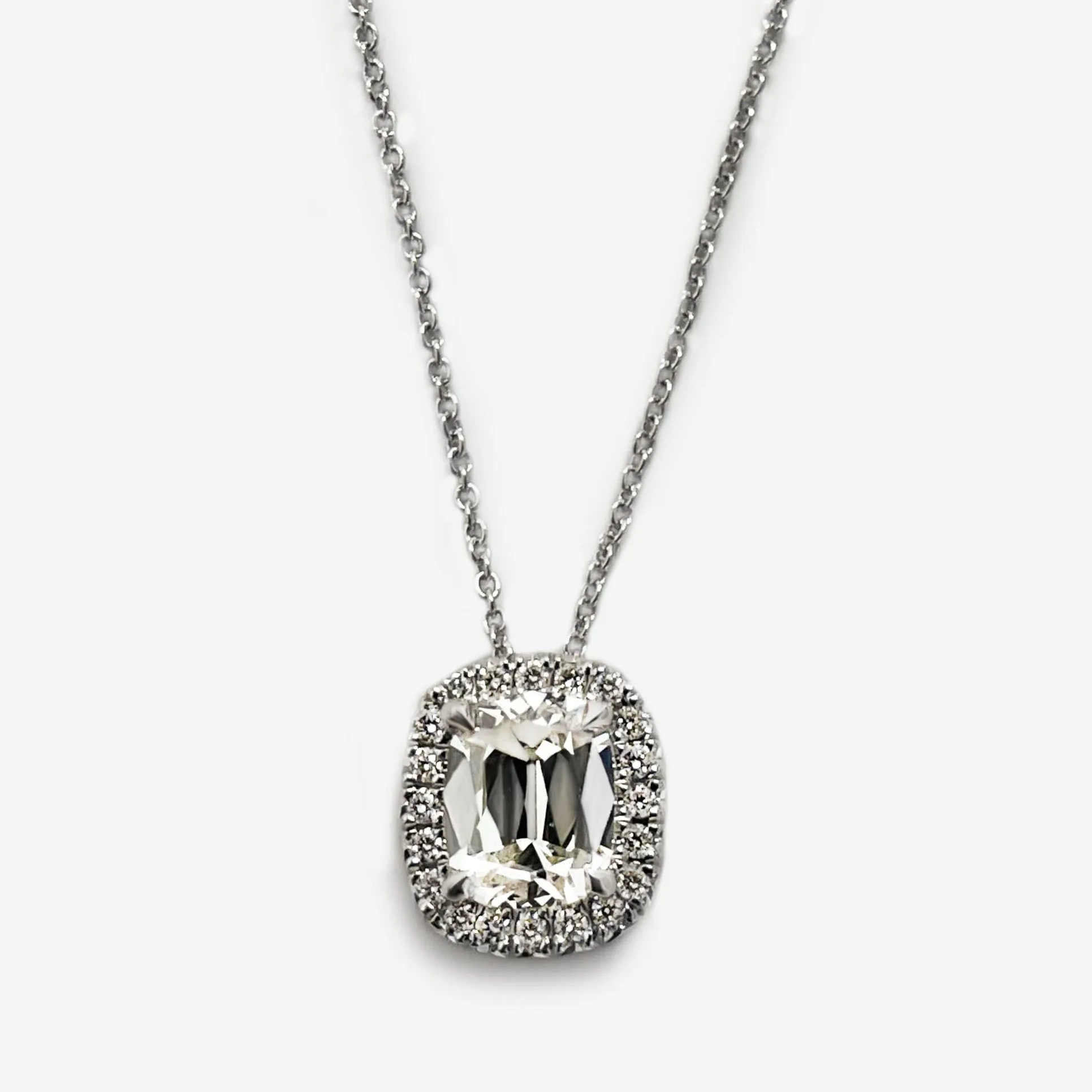 Henri Daussi Signed 1.14ct t.w. Diamond Cushion Brilliant Cut Halo Solitaire Pendant Necklace