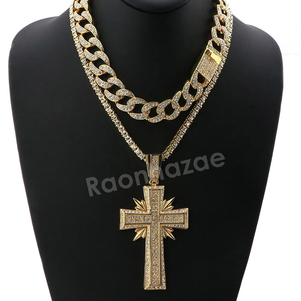 Hip Hop Quavo Shining Cross Miami Cuban Choker Chain Necklace L49
