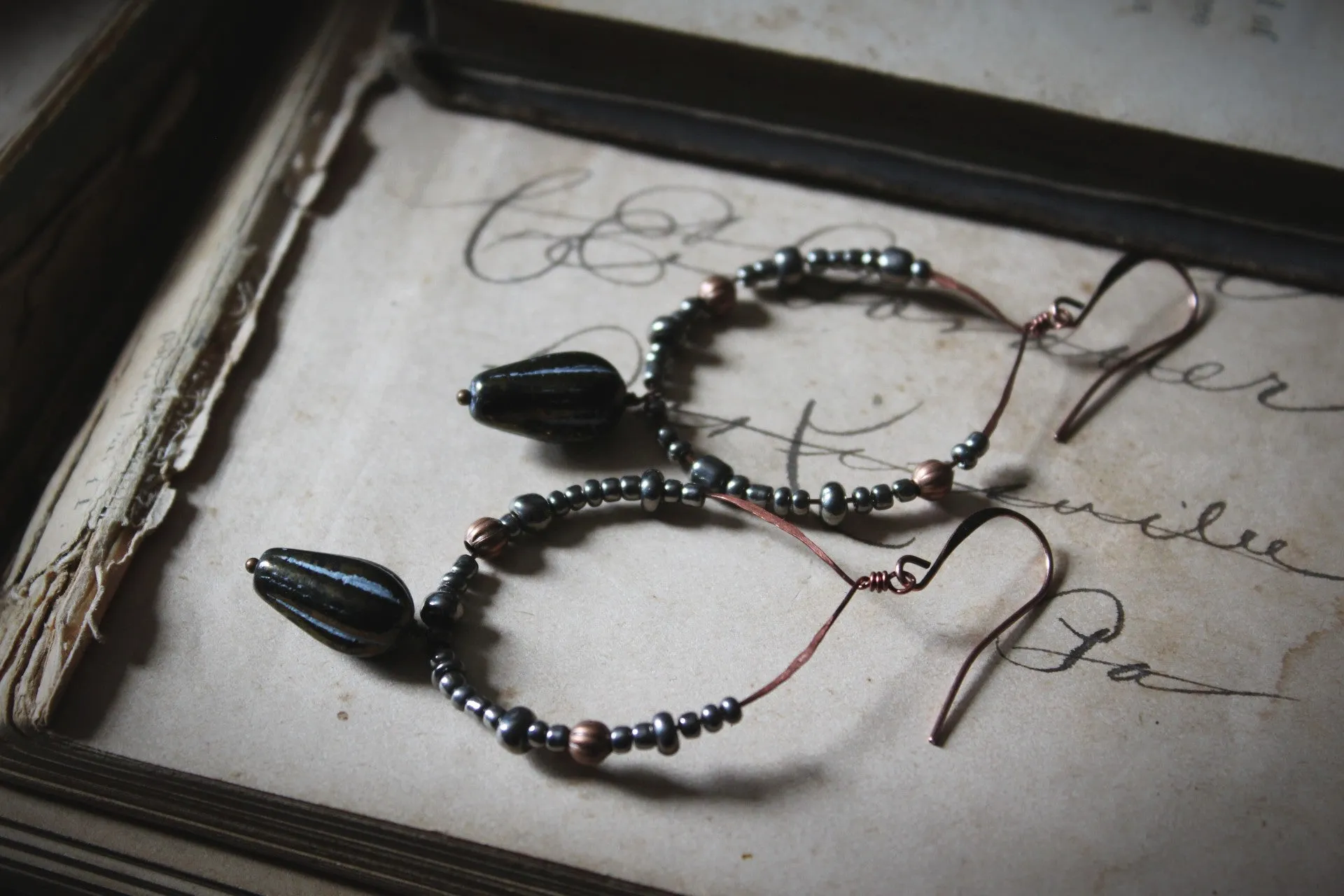 Incense & Clove. Czech Glass Hoop Dangle Earrings.