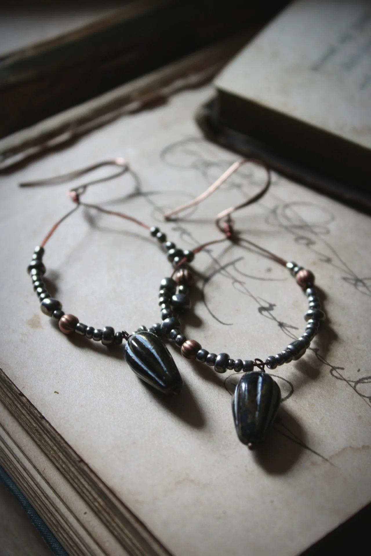 Incense & Clove. Czech Glass Hoop Dangle Earrings.
