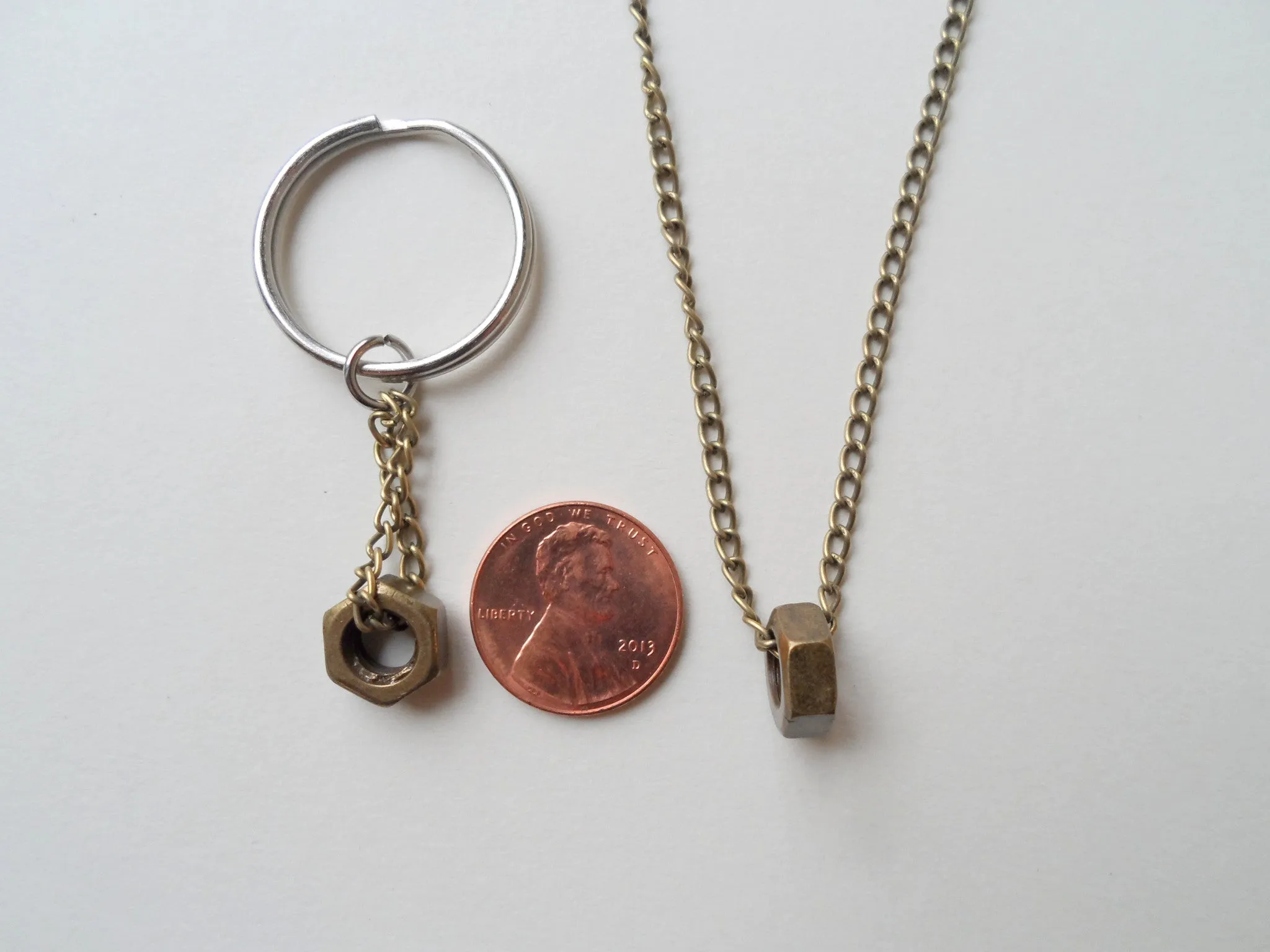 Industrial Rustic Hex Nut Keychain & Necklace set - Nuts About You; Couples Keychain Set