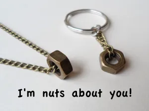 Industrial Rustic Hex Nut Keychain & Necklace set - Nuts About You; Couples Keychain Set