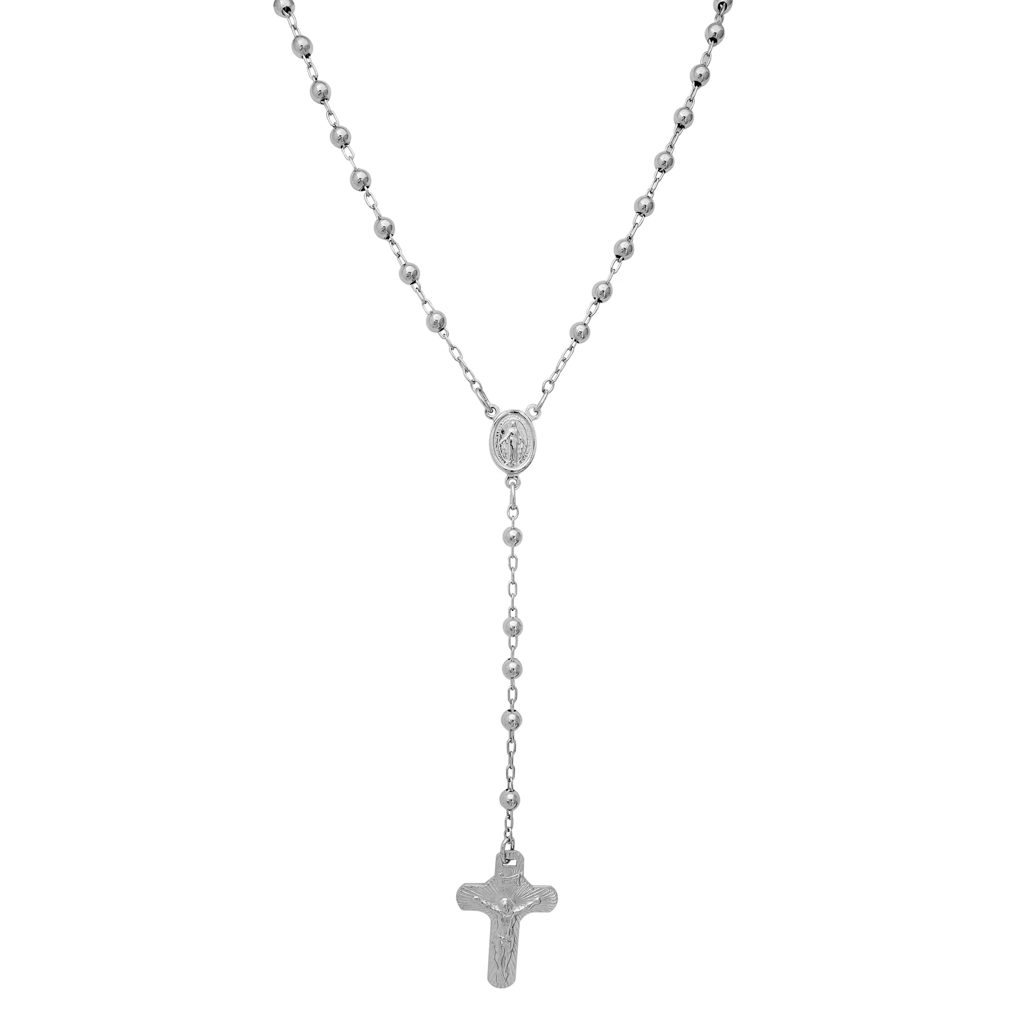 [INRI] Glossy Virgin Mary Crucifix Rosary Necklace (Silver)