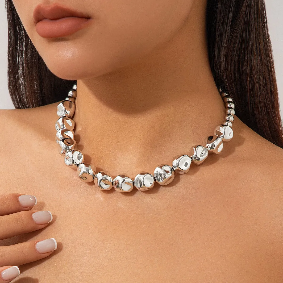 Irregular Gold Silver Tone Beaded Chain Necklace Bracelet