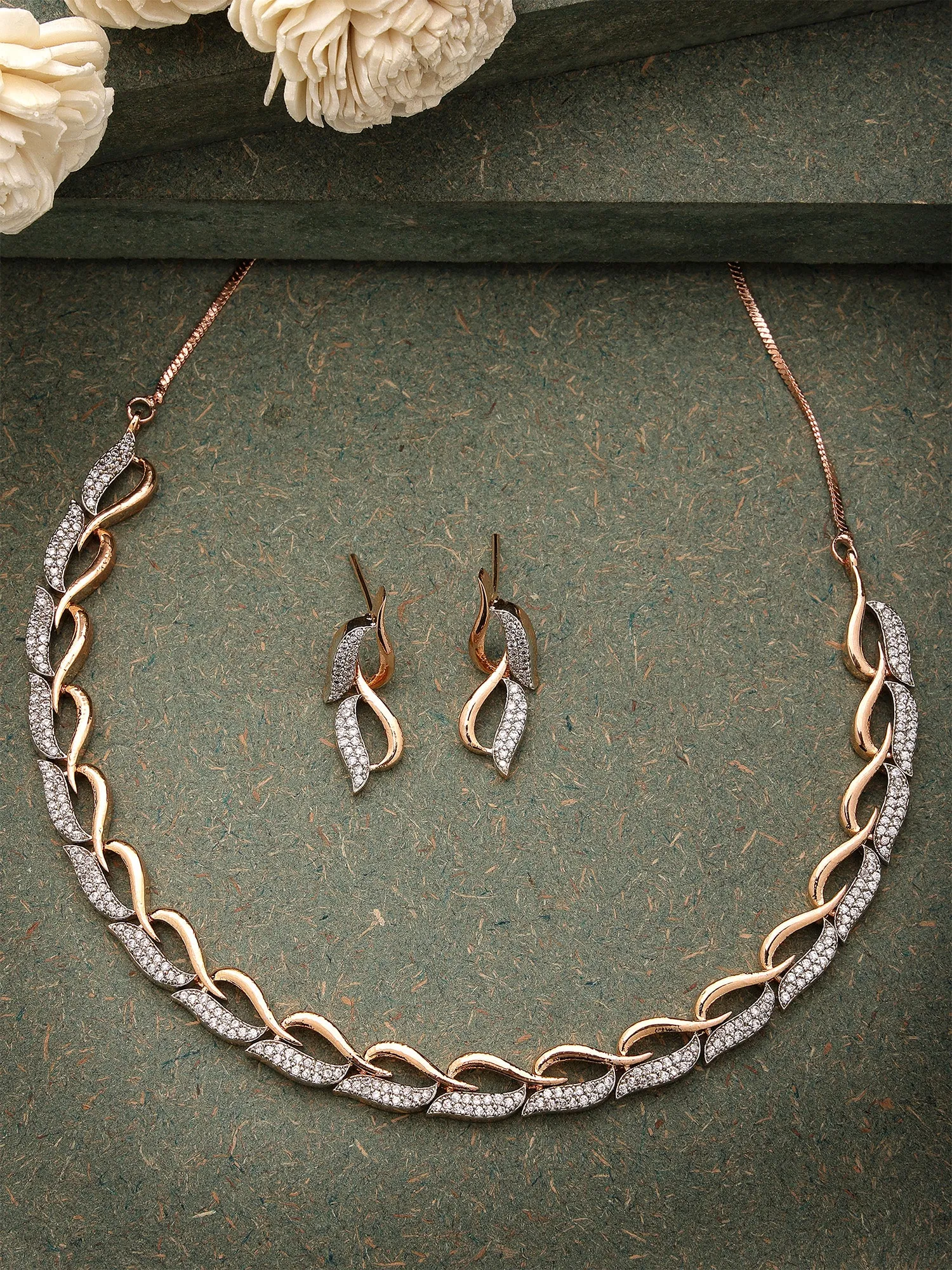Karatcart Lightweight Rose Gold Necklace Set with Sparkling Cubic Zirconia and Sleek Rhodium Finish
