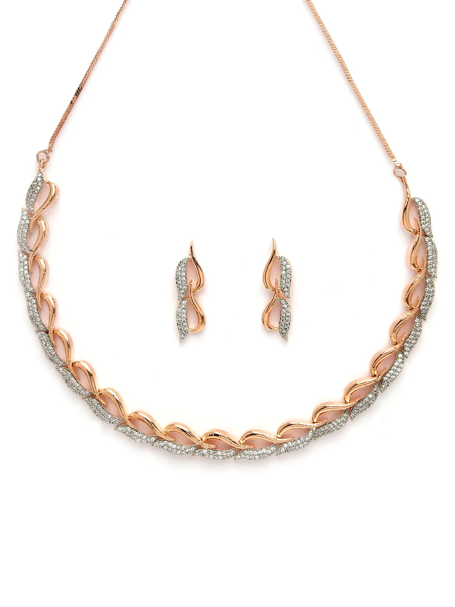 Karatcart Lightweight Rose Gold Necklace Set with Sparkling Cubic Zirconia and Sleek Rhodium Finish